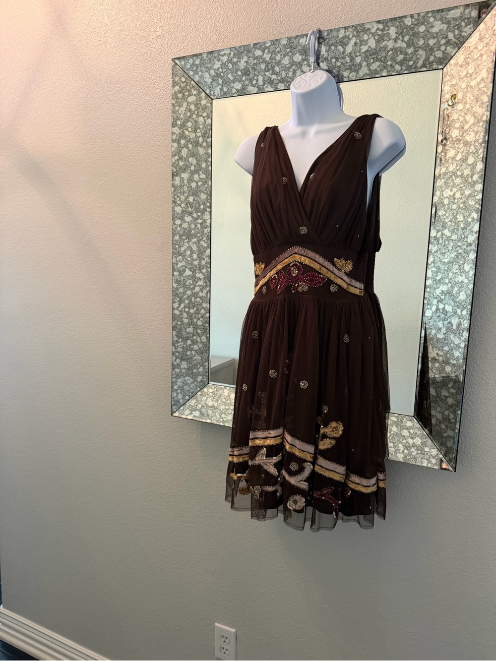 Shyanne Brown Embellished V-Neck Mini Dress